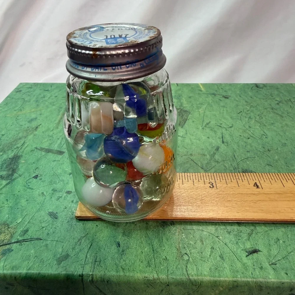 Vintage Assorted Glass Marbles in 1980 Gerber Baby Food Jar Retro Collection Lot